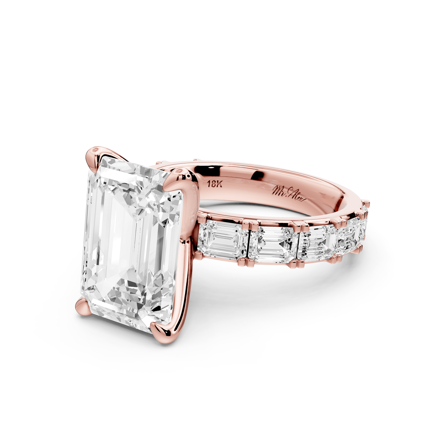 Nadia - 5ct 18k rose gold emerald diamond with east - west emerald cut accent stones engagament ring - Mr. Alex Jewelry