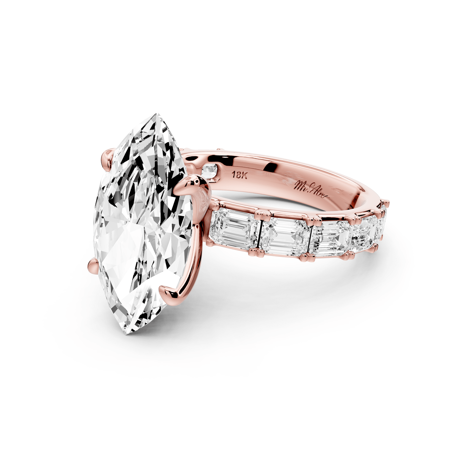 Nadia - 5ct 18k rose gold marquise diamond with east - west emerald cut accent stones engagement ring - Mr. Alex Jewelry