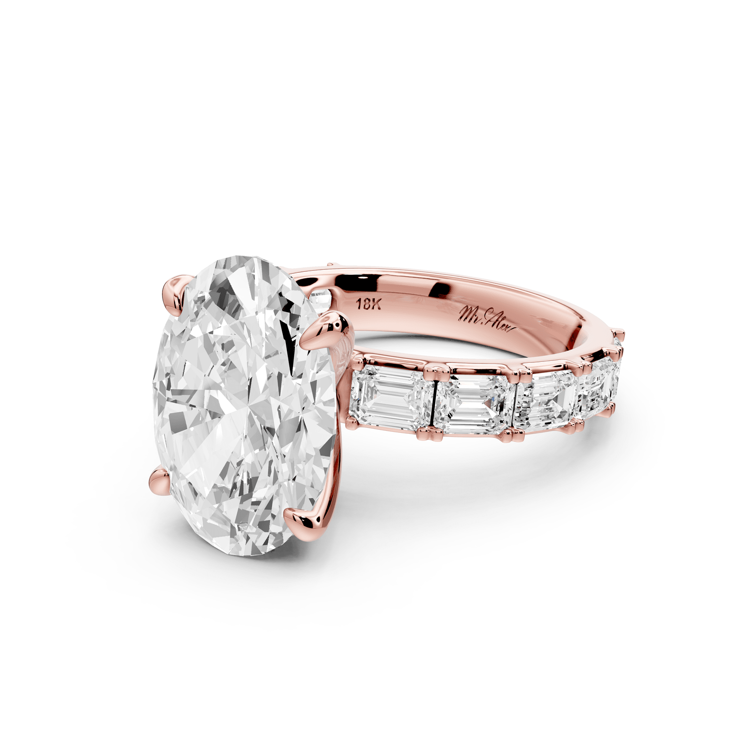 Nadia - 5ct 18k rose gold oval diamond with east - west emerald cut accent stones engagament ring - Mr. Alex Jewelry