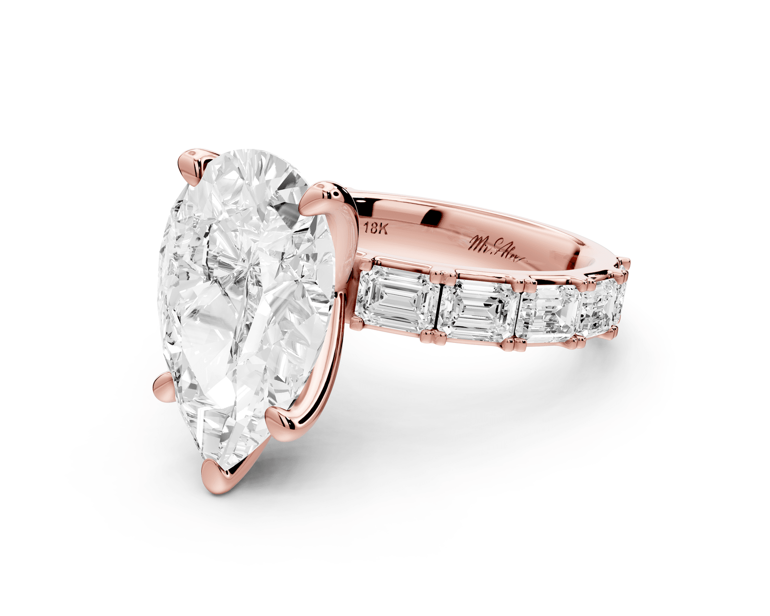 Nadia - 5ct 18k rose gold pear diamond with east - west emerald cut accent stones engagament ring - Mr. Alex Jewelry