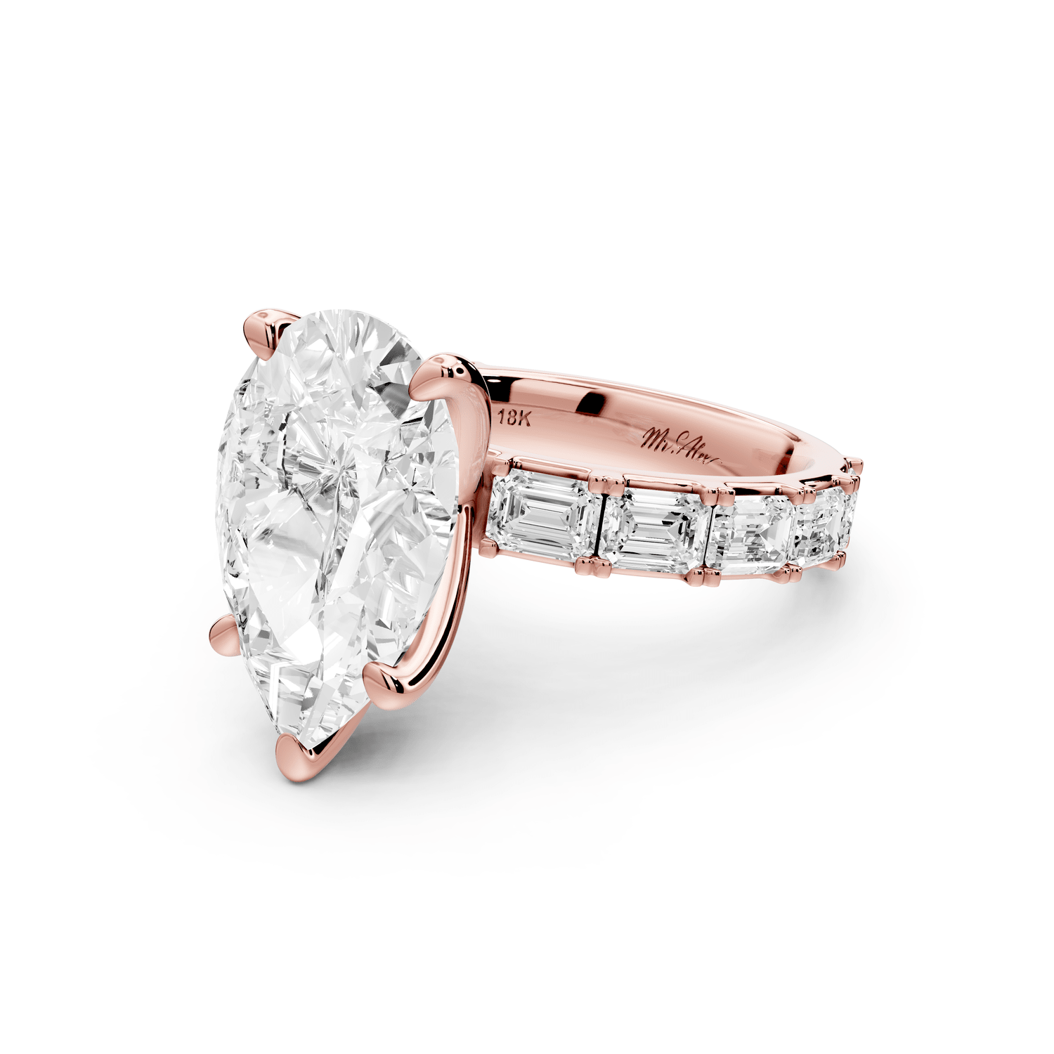 Nadia - 5ct 18k rose gold pear diamond with east - west emerald cut accent stones engagament ring - Mr. Alex Jewelry