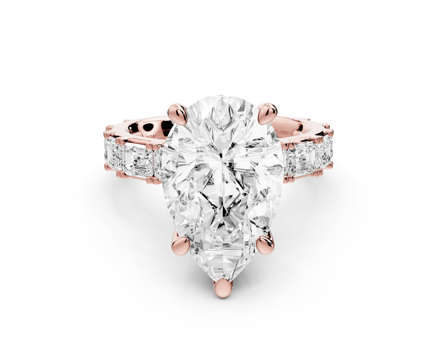 Nadia - 5ct 18k rose gold pear diamond with east - west emerald cut accent stones engagament ring - Mr. Alex Jewelry