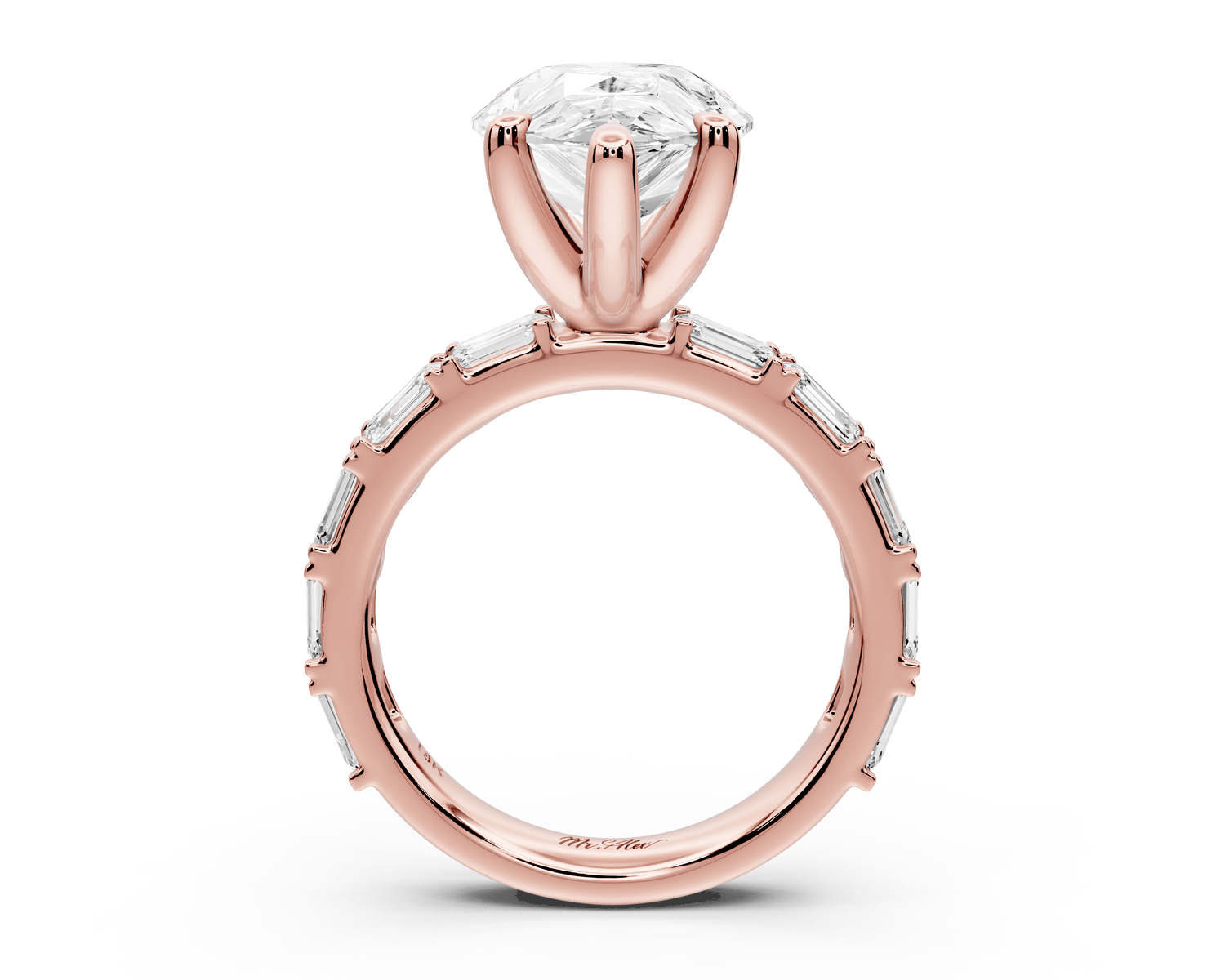 Nadia - 5ct 18k rose gold pear diamond with east - west emerald cut accent stones engagament ring - Mr. Alex Jewelry