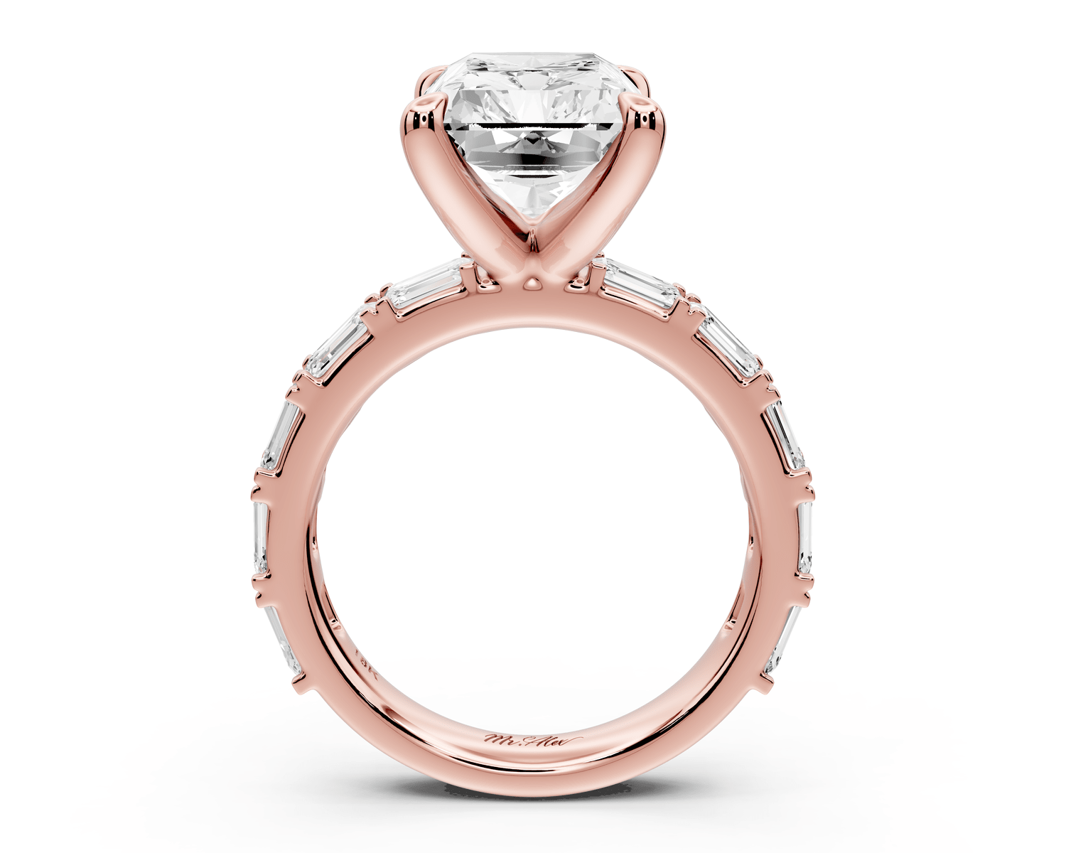 Nadia - 5ct 18k rose gold radiant diamond with east - west emerald cut accent stones engagement ring - Mr. Alex Jewelry