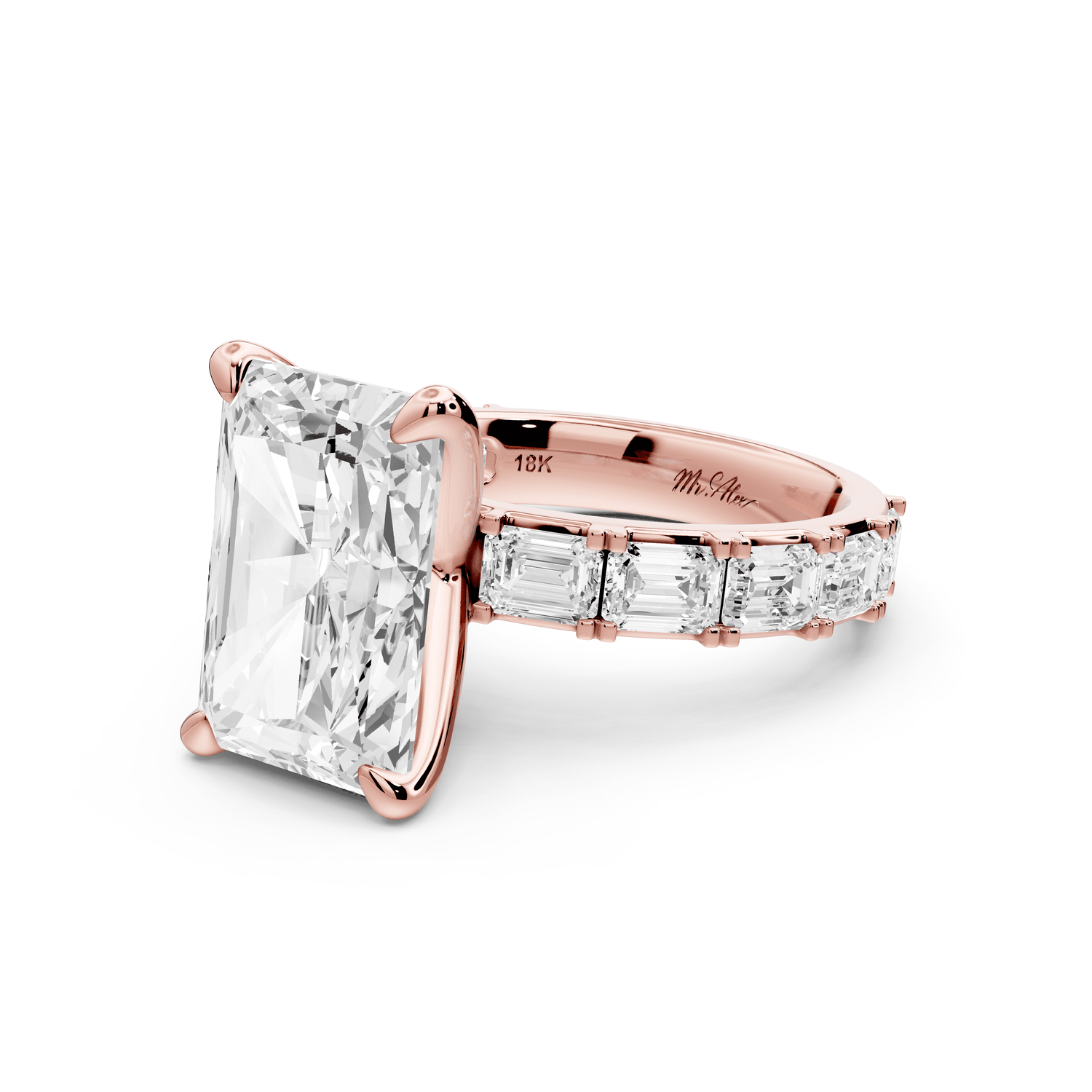 Nadia - 5ct 18k rose gold radiant diamond with east - west emerald cut accent stones engagement ring - Mr. Alex Jewelry