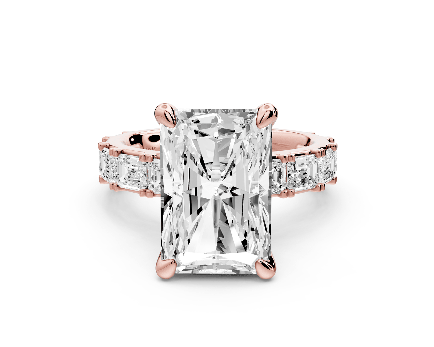 Nadia - 5ct 18k rose gold radiant diamond with east - west emerald cut accent stones engagement ring - Mr. Alex Jewelry