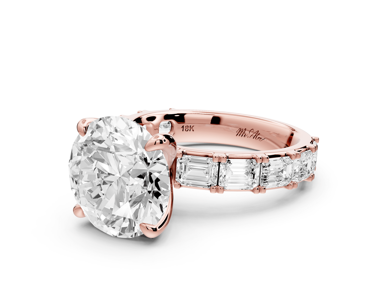 Nadia - 5ct 18k rose gold round diamond with east - west emerald cut accent stones engagement ring - Mr. Alex Jewelry