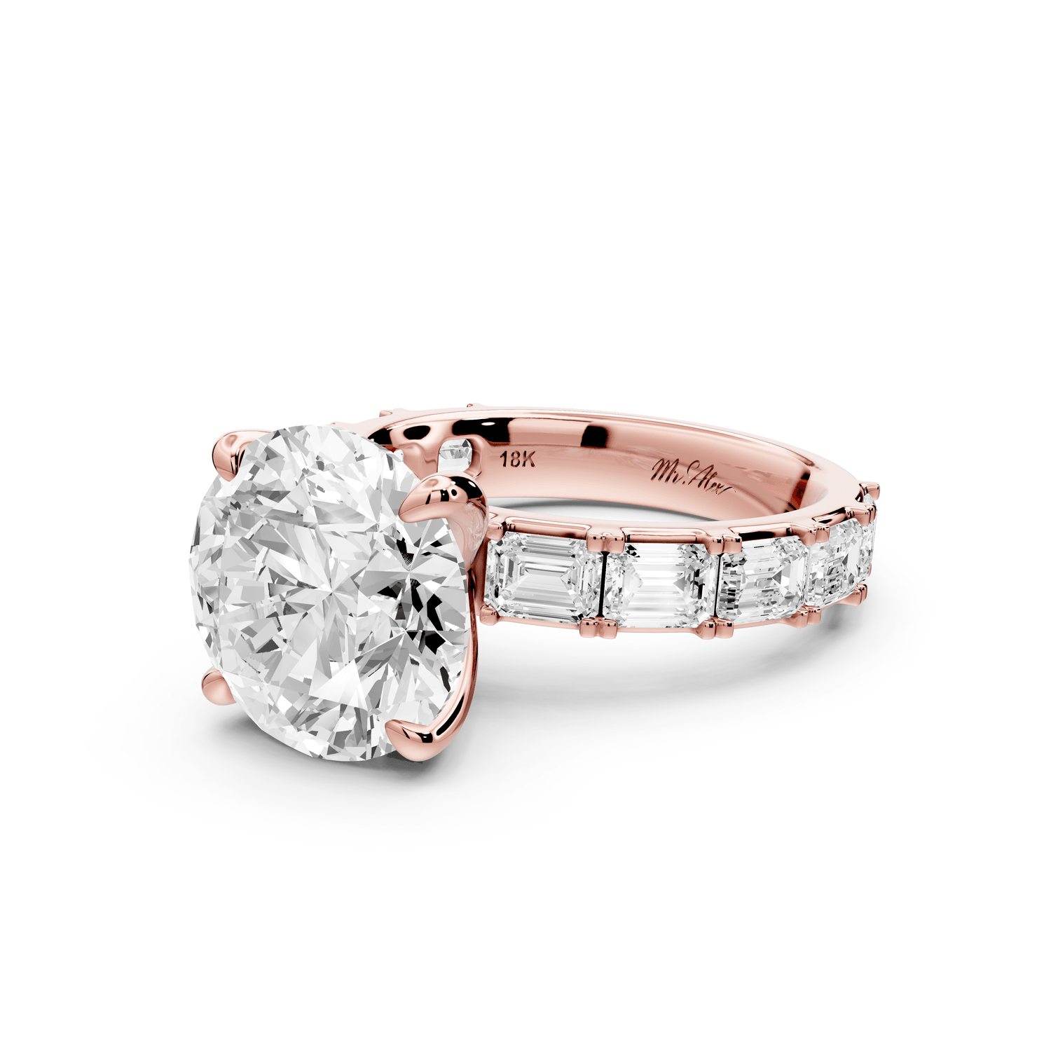 Nadia - 5ct 18k rose gold round diamond with east - west emerald cut accent stones engagement ring - Mr. Alex Jewelry