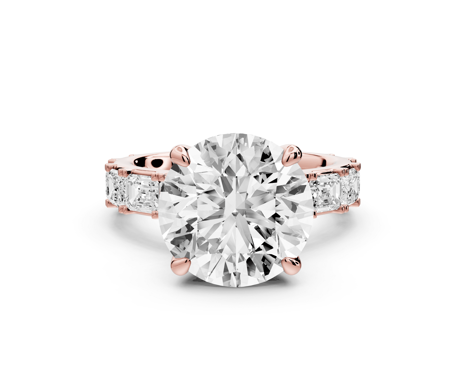 Nadia - 5ct 18k rose gold round diamond with east - west emerald cut accent stones engagement ring - Mr. Alex Jewelry