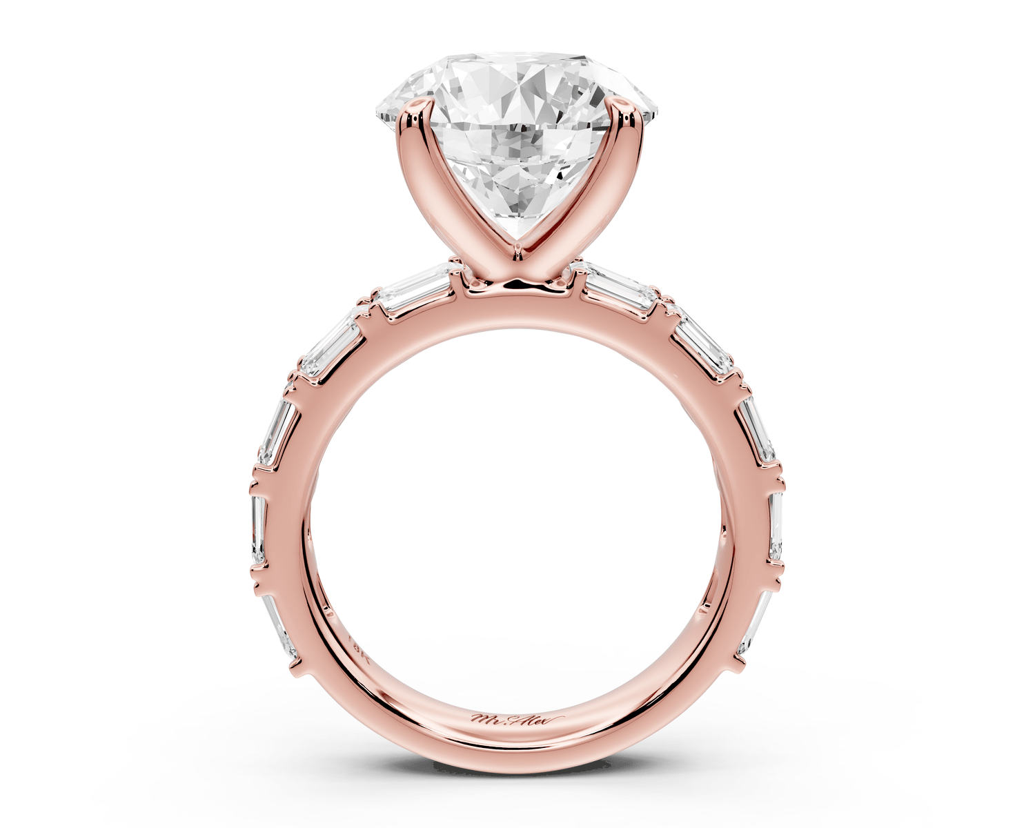 Nadia - 5ct 18k rose gold round diamond with east - west emerald cut accent stones engagement ring - Mr. Alex Jewelry