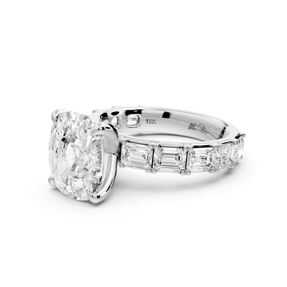 Nadia - 5ct 18k white gold ecushion diamond with east - west emerald cut accent stones engagement ring - Mr. Alex Jewelry