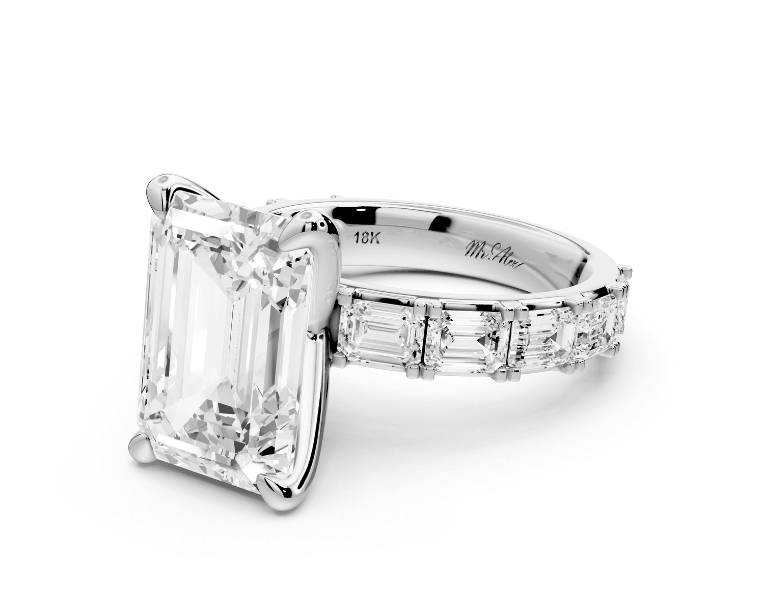 Nadia - 5ct 18k white gold emerald diamond with east - west emerald cut accent stones engagament ring - Mr. Alex Jewelry