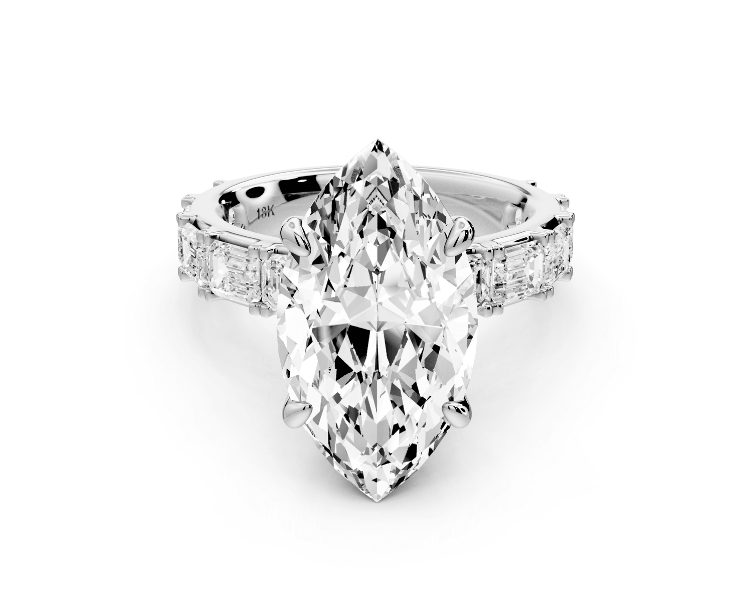 Nadia - 5ct 18k white gold marquise diamond with east - west emerald cut accent stones engagement ring - Mr. Alex Jewelry