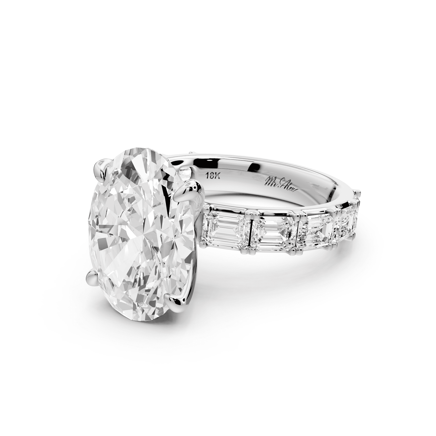 Nadia - 5ct 18k white gold oval diamond with east - west emerald cut accent stones engagament ring - Mr. Alex Jewelry