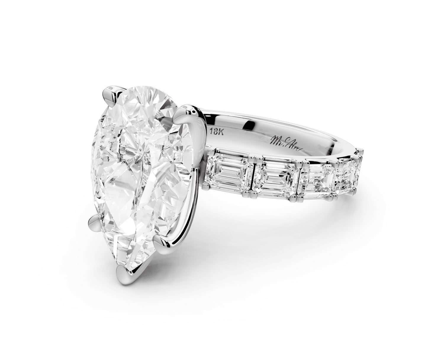 Nadia - 5ct 18k white gold pear diamond with east - west emerald cut accent stones engagament ring - Mr. Alex Jewelry