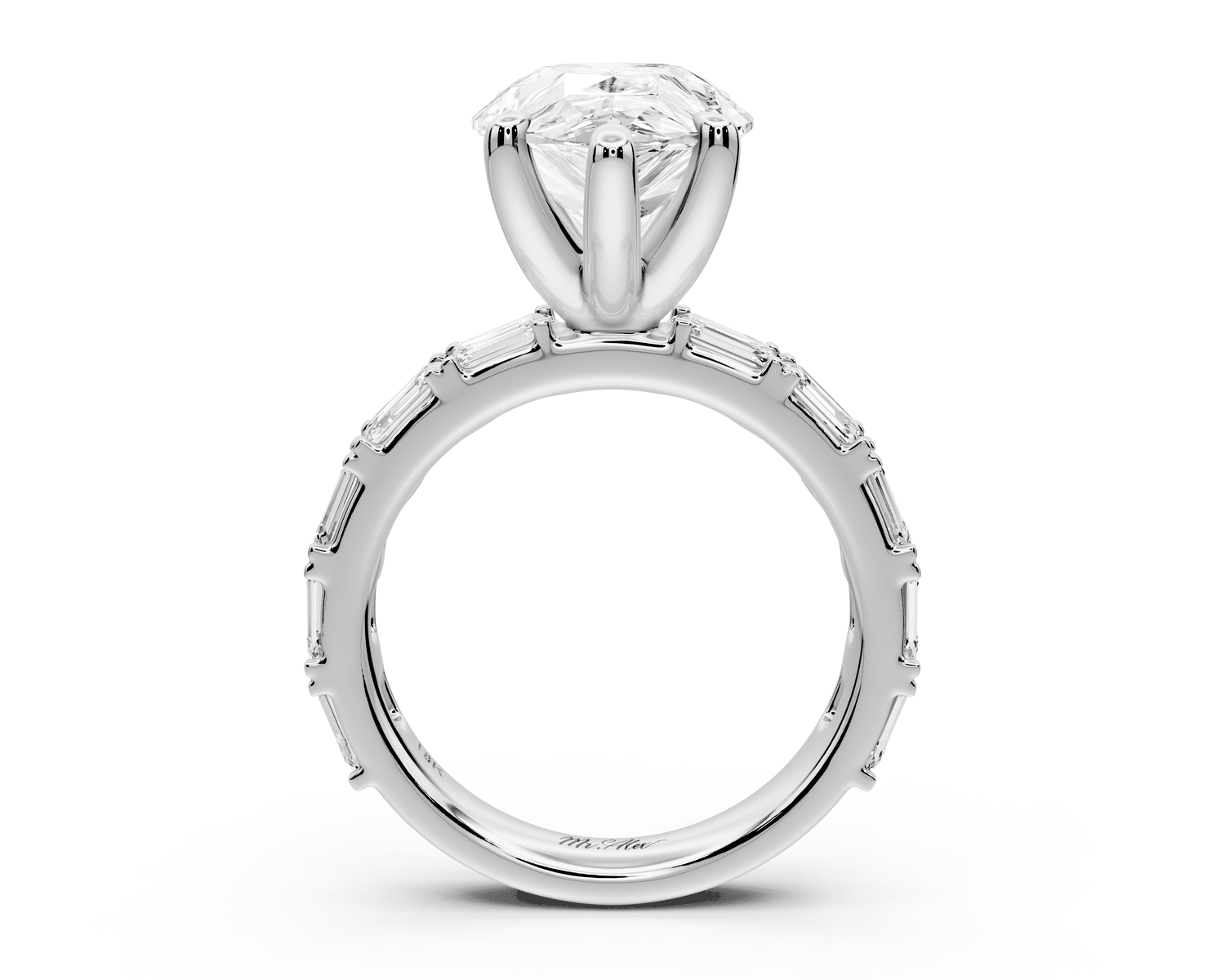 Nadia - 5ct 18k white gold pear diamond with east - west emerald cut accent stones engagament ring - Mr. Alex Jewelry