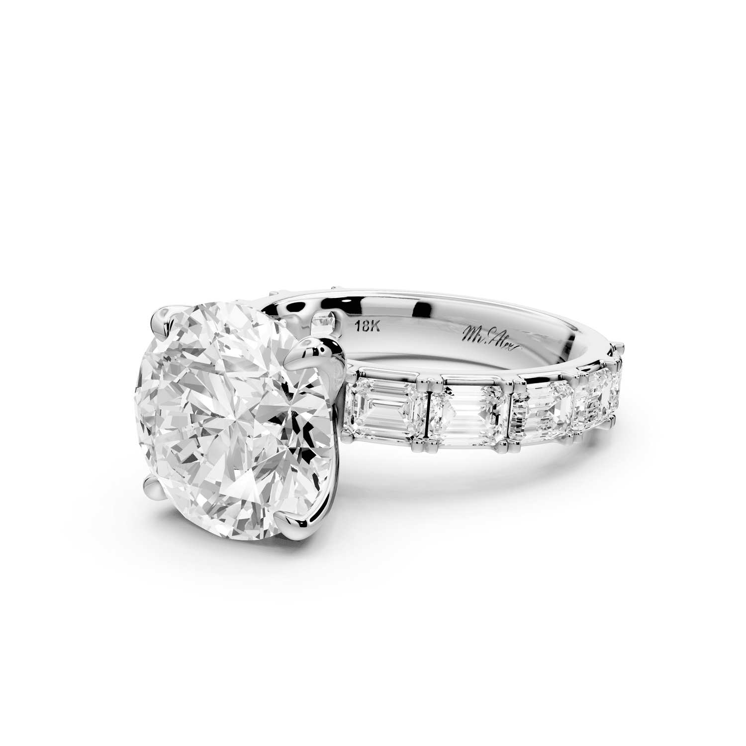 Nadia - 5ct 18k white gold round diamond with east - west emerald cut accent stones engagement ring - Mr. Alex Jewelry