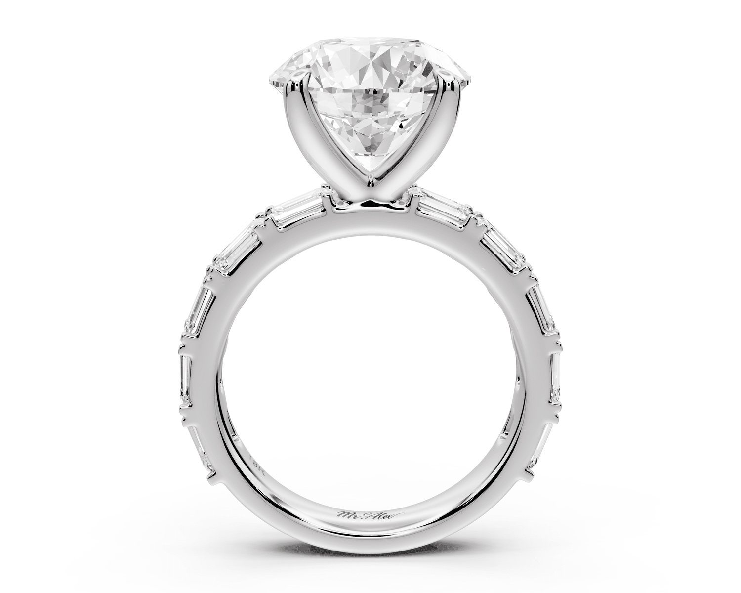 Nadia - 5ct 18k white gold round diamond with east - west emerald cut accent stones engagement ring - Mr. Alex Jewelry