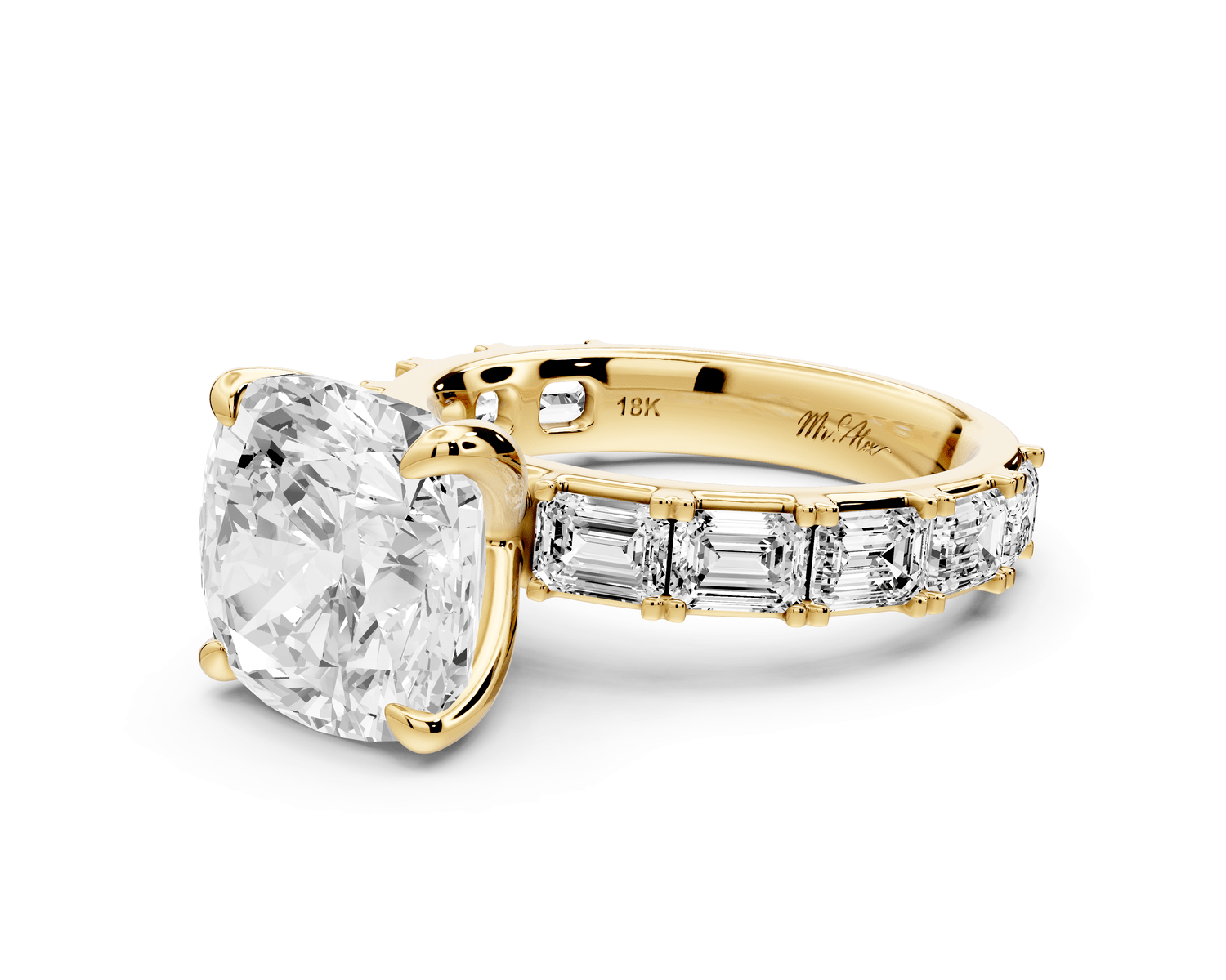 Nadia - 5ct 18k yellow gold cushion diamond with east - west emerald cut accent stones engagement ring - Mr. Alex Jewelry