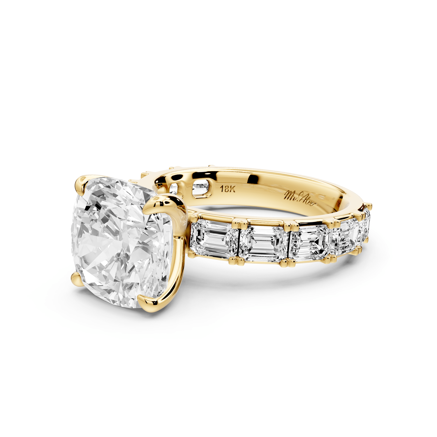 Nadia - 5ct 18k yellow gold cushion diamond with east - west emerald cut accent stones engagement ring - Mr. Alex Jewelry