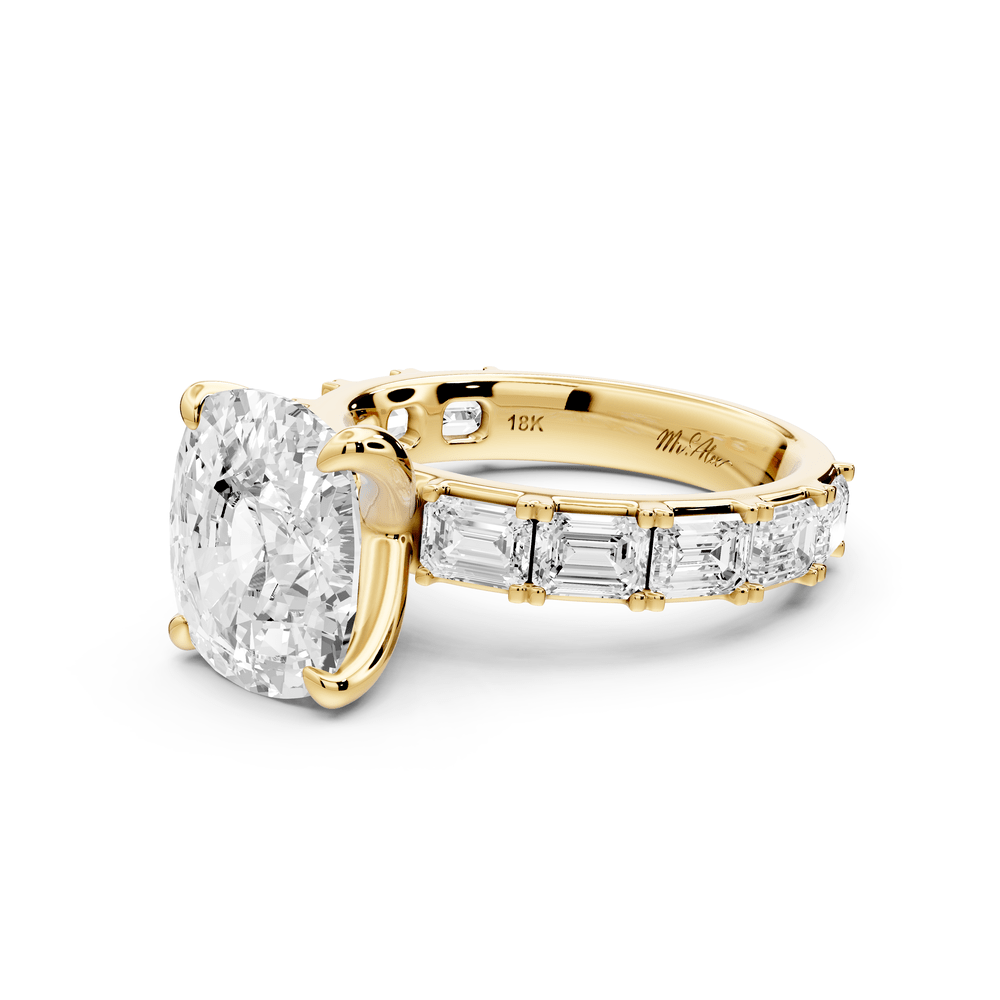 Nadia - 5ct 18k yellow gold ecushion diamond with east - west emerald cut accent stones engagement ring - Mr. Alex Jewelry