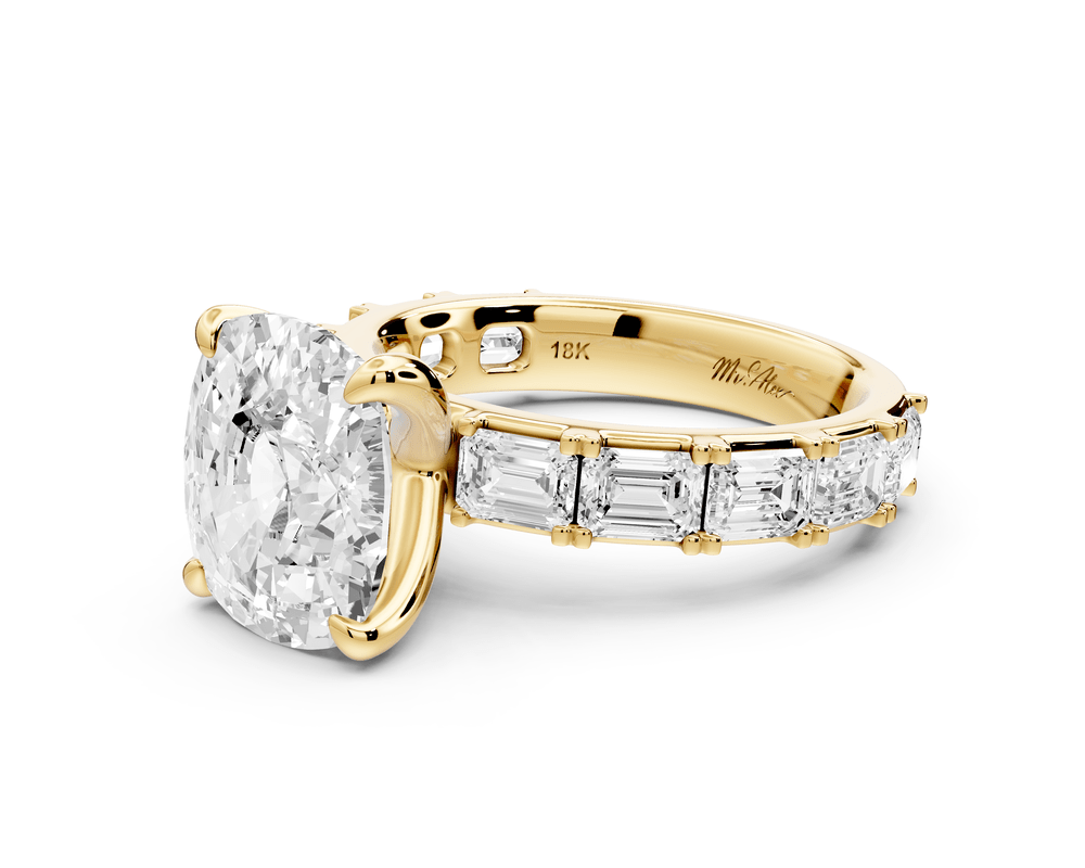 Nadia - 5ct 18k yellow gold ecushion diamond with east - west emerald cut accent stones engagement ring - Mr. Alex Jewelry