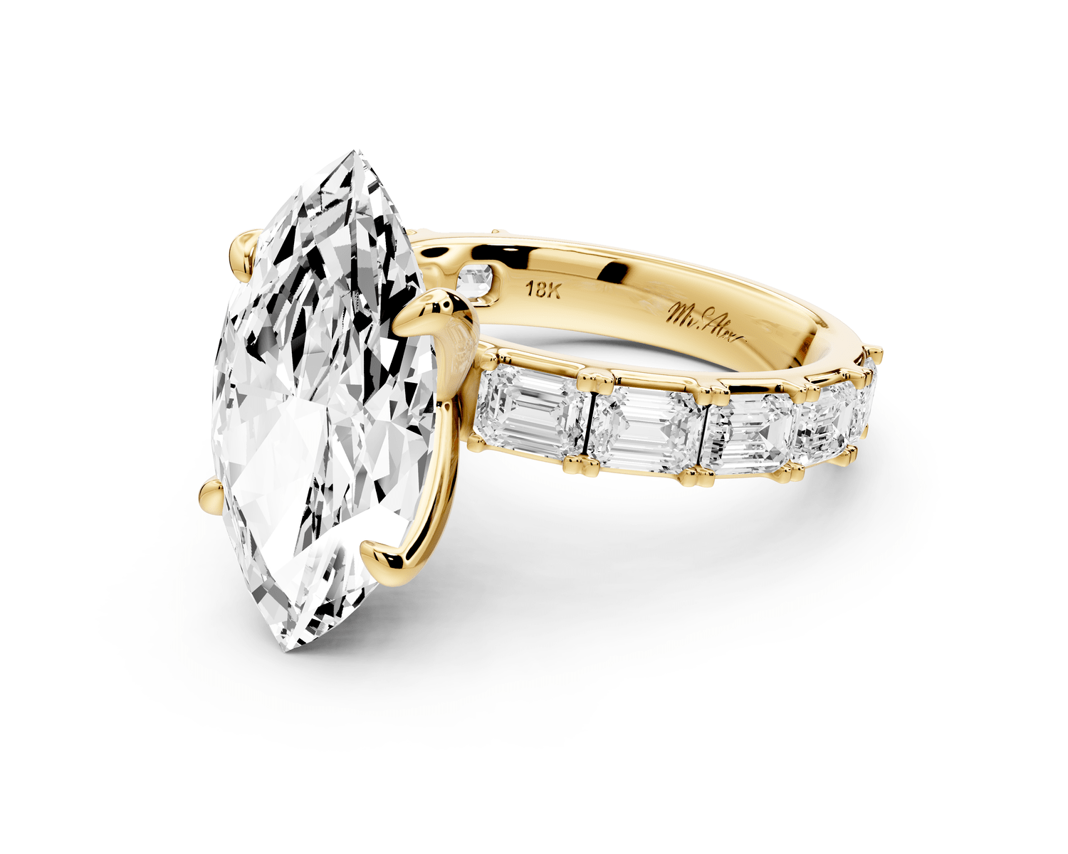 Nadia - 5ct 18k yellow gold marquise diamond with east - west emerald cut accent stones engagement ring - Mr. Alex Jewelry
