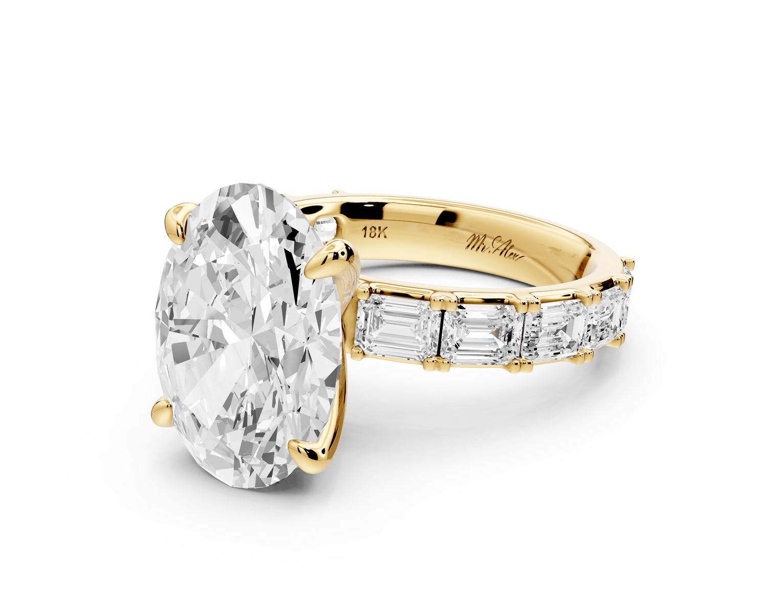 Nadia - 5ct 18k yellow gold oval diamond with east - west emerald cut accent stones engagament ring - Mr. Alex Jewelry