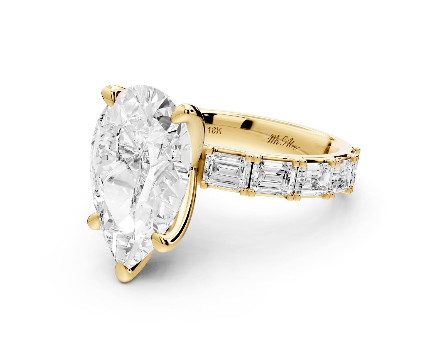 Nadia - 5ct 18k yellow gold pear diamond with east - west emerald cut accent stones engagament ring - Mr. Alex Jewelry