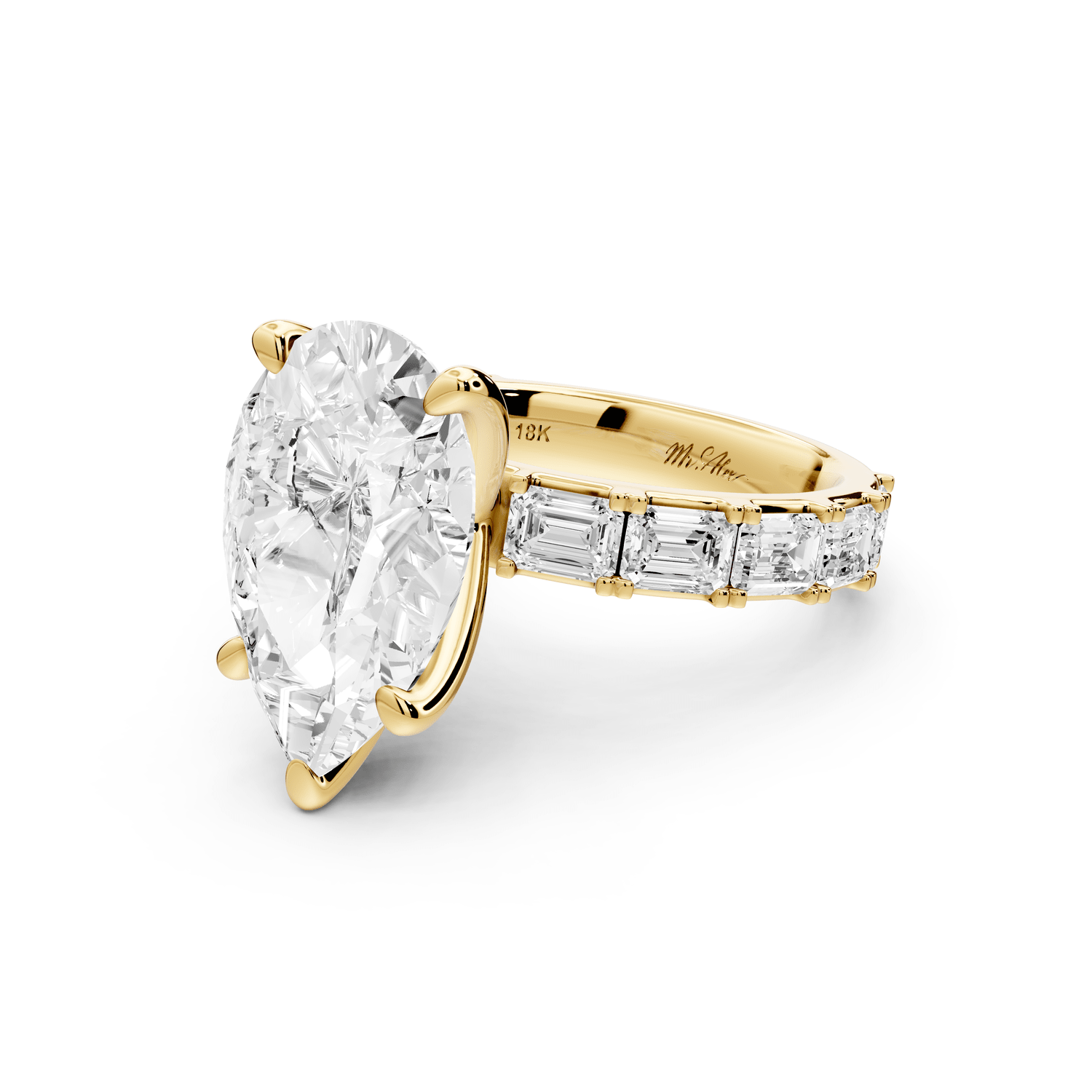 Nadia - 5ct 18k yellow gold pear diamond with east - west emerald cut accent stones engagament ring - Mr. Alex Jewelry