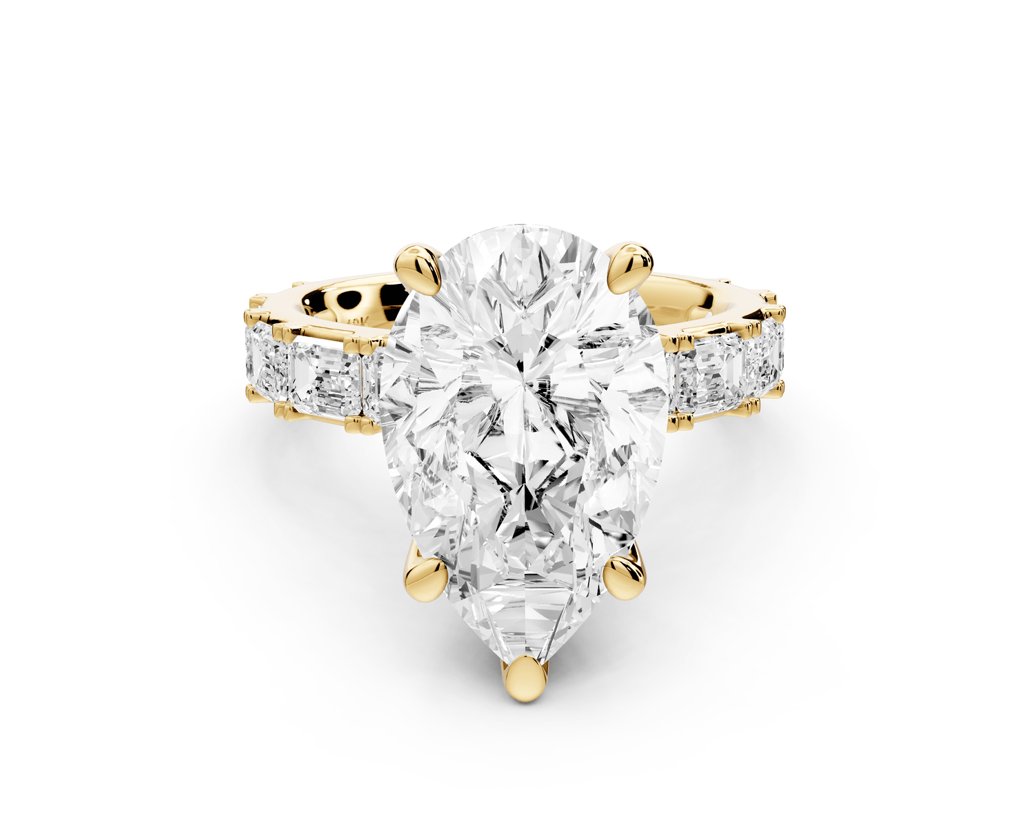 Nadia - 5ct 18k yellow gold pear diamond with east - west emerald cut accent stones engagament ring - Mr. Alex Jewelry