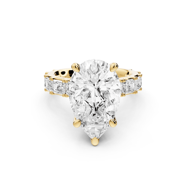 Nadia - 5ct 18k yellow gold pear diamond with east - west emerald cut accent stones engagament ring - Mr. Alex Jewelry