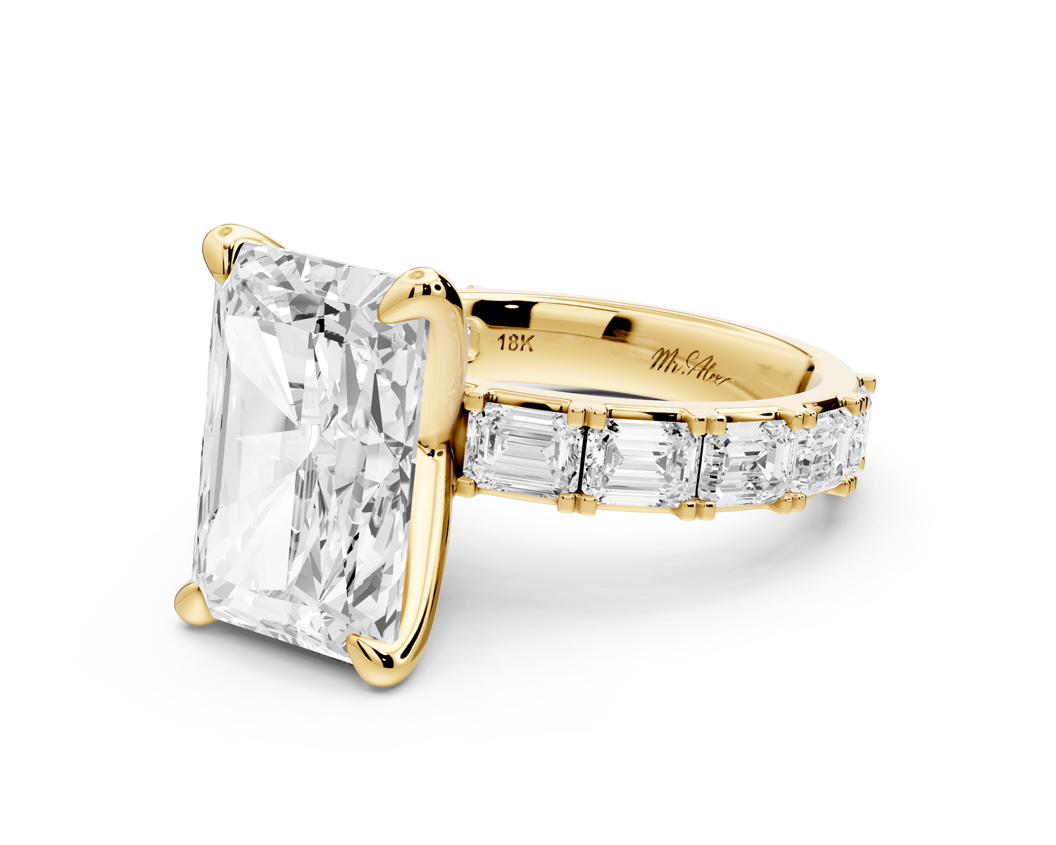 Nadia - 5ct 18k yellow gold radiant diamond with east - west emerald cut accent stones engagement ring - Mr. Alex Jewelry