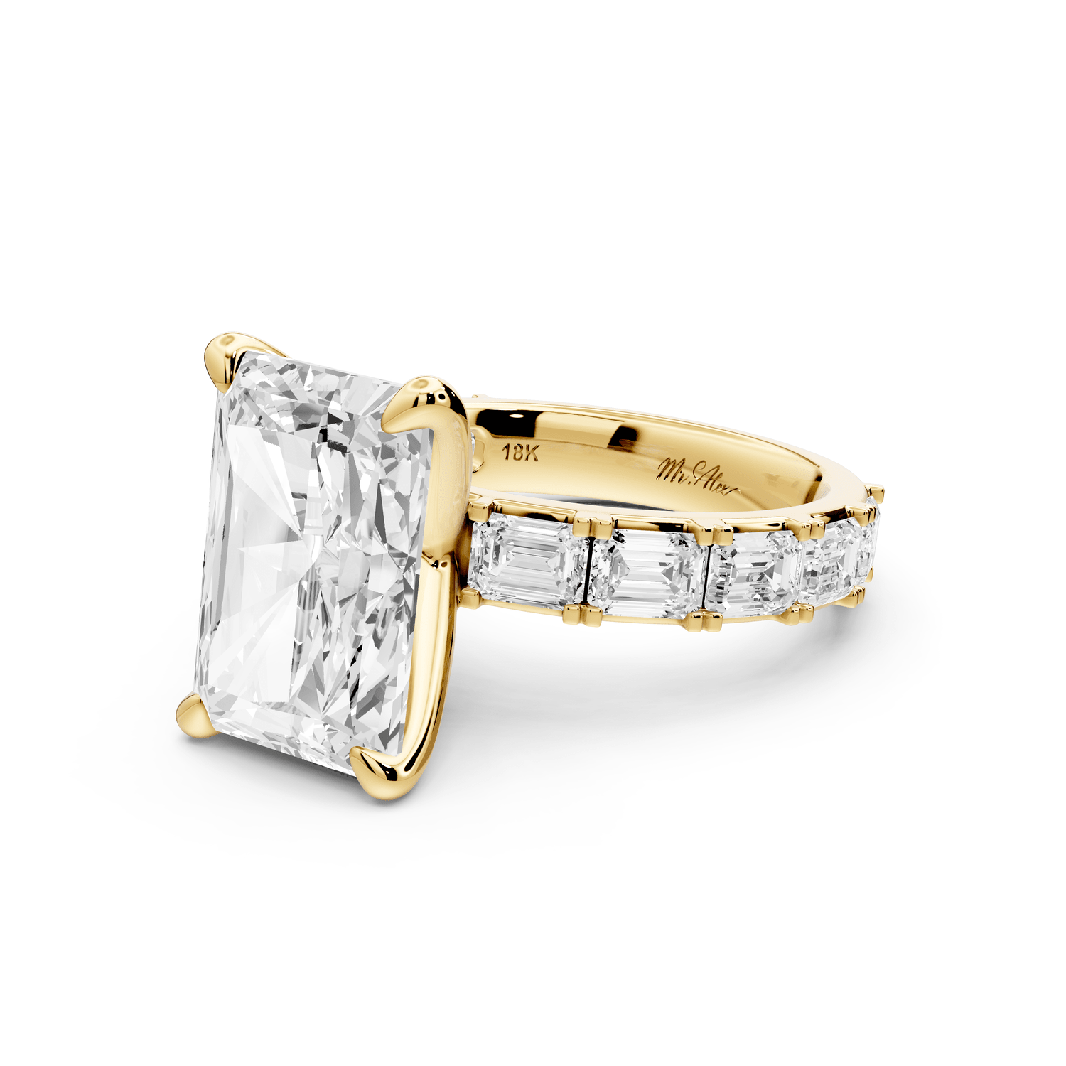 Nadia - 5ct 18k yellow gold radiant diamond with east - west emerald cut accent stones engagement ring - Mr. Alex Jewelry