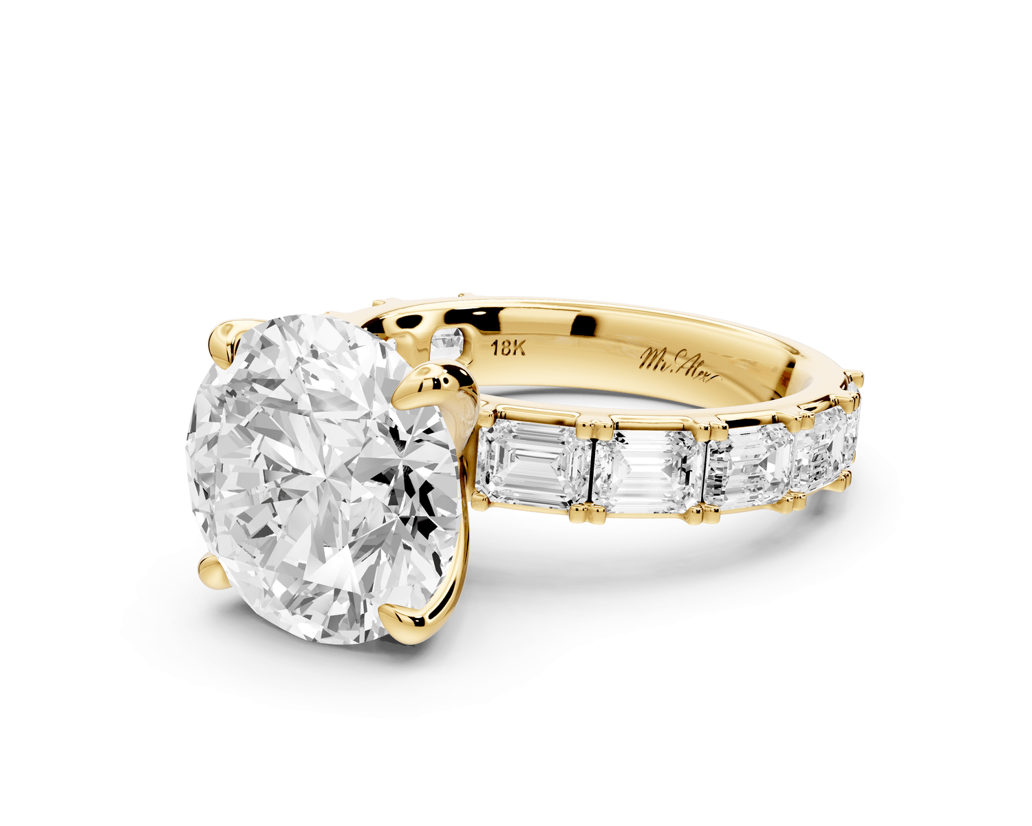 Nadia - 5ct 18k yellow gold round diamond with east - west emerald cut accent stones engagement ring - Mr. Alex Jewelry