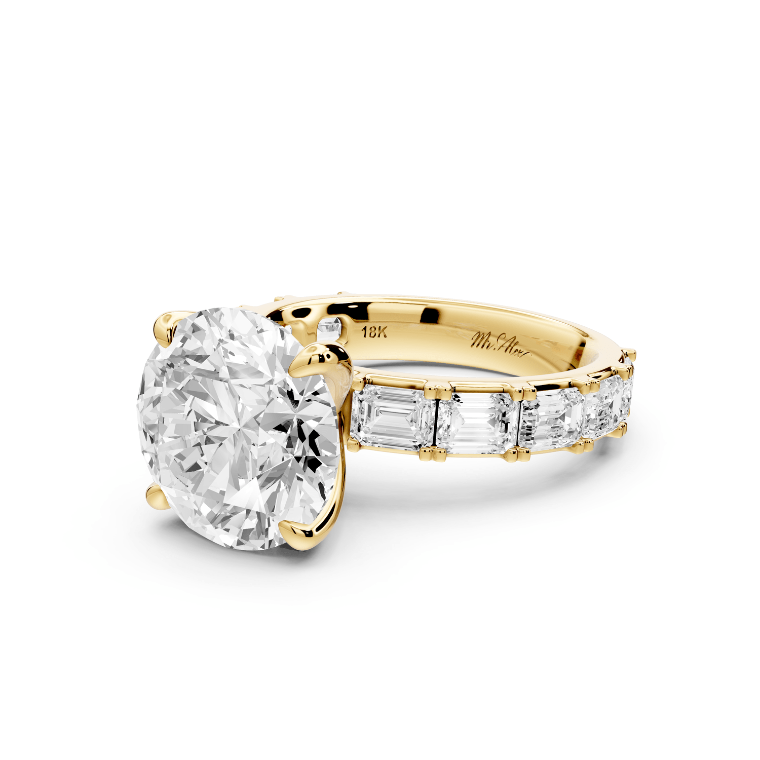 Nadia - 5ct 18k yellow gold round diamond with east - west emerald cut accent stones engagement ring - Mr. Alex Jewelry