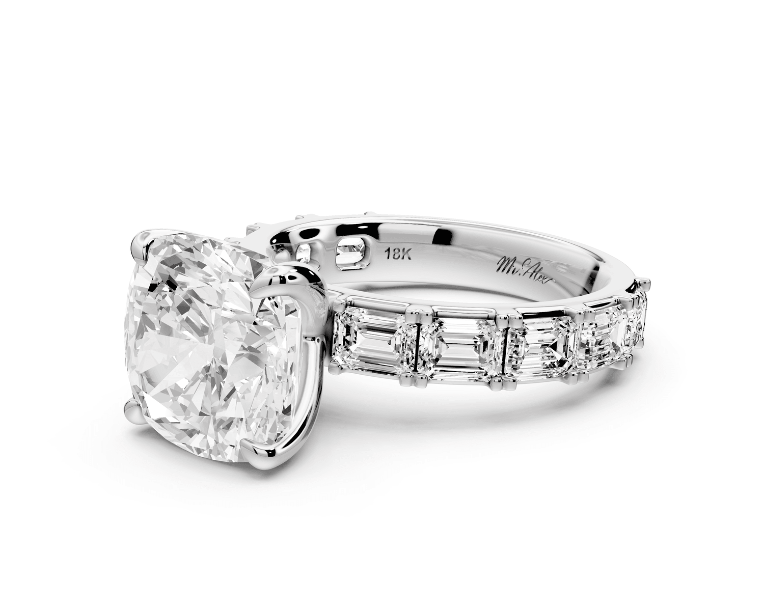 Nadia - 5ct platinum cushion diamond with east - west emerald cut accent stones engagement ring - Mr. Alex Jewelry