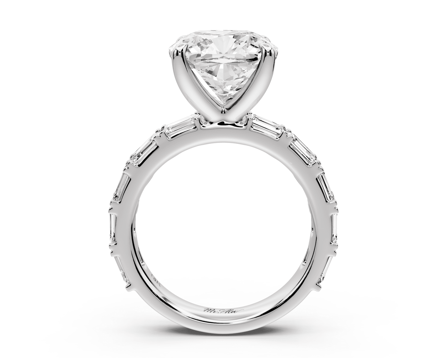 Nadia - 5ct platinum cushion diamond with east - west emerald cut accent stones engagement ring - Mr. Alex Jewelry