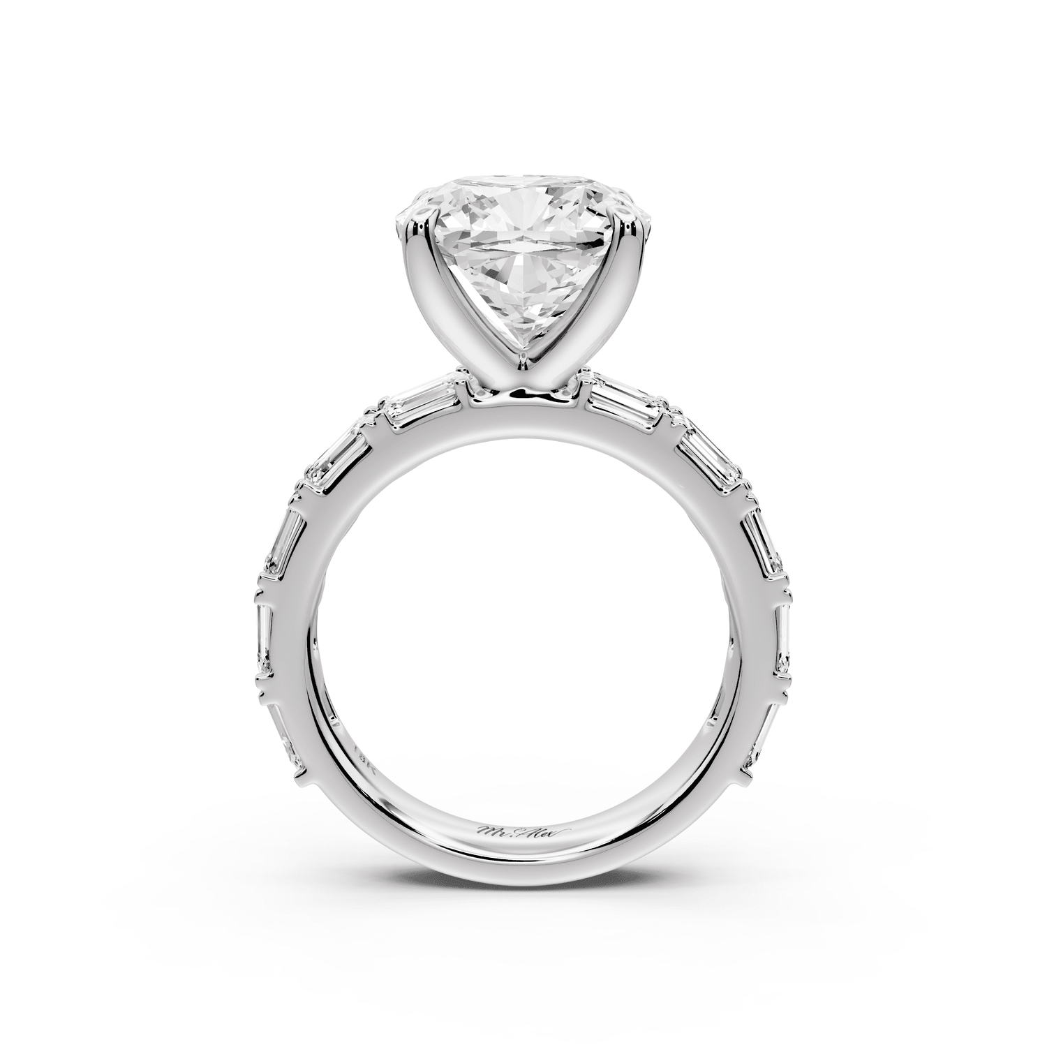 Nadia - 5ct platinum cushion diamond with east - west emerald cut accent stones engagement ring - Mr. Alex Jewelry