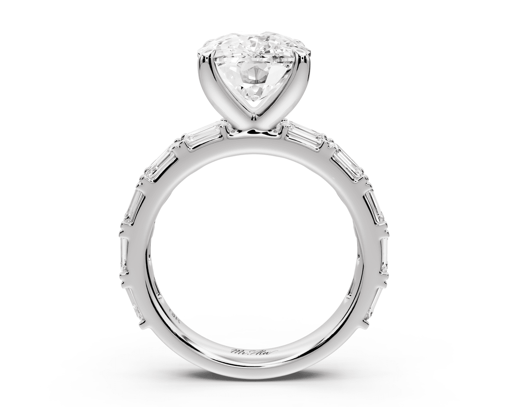 Nadia - 5ct platinum ecushion diamond with east - west emerald cut accent stones engagement ring - Mr. Alex Jewelry