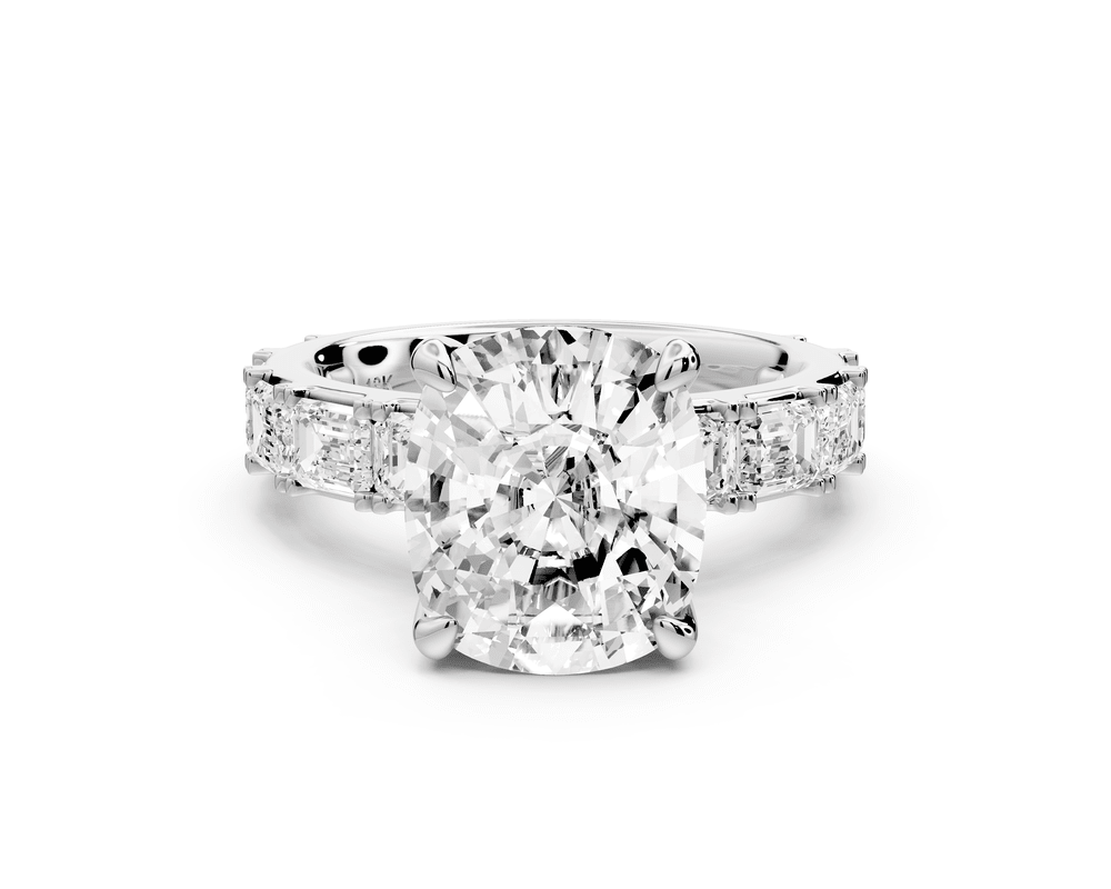 Nadia - 5ct platinum ecushion diamond with east - west emerald cut accent stones engagement ring - Mr. Alex Jewelry