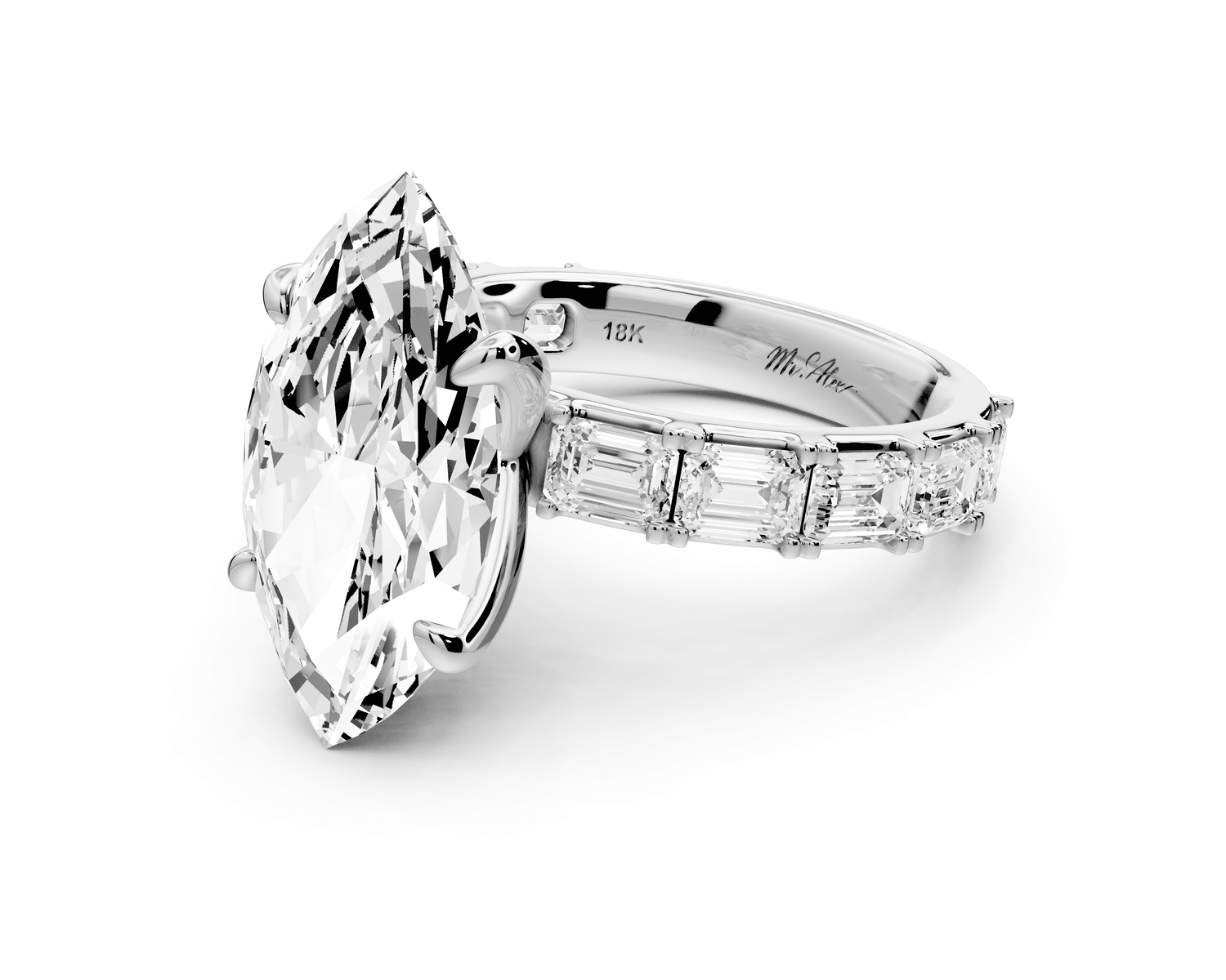 Nadia - 5ct platinum marquise diamond with east - west emerald cut accent stones engagement ring - Mr. Alex Jewelry