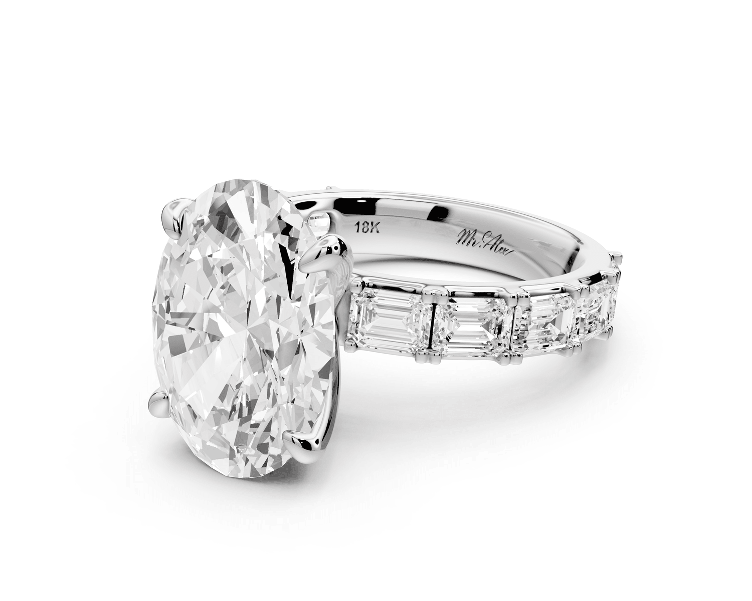 Nadia - 5ct platinum oval diamond with east - west emerald cut accent stones engagament ring - Mr. Alex Jewelry