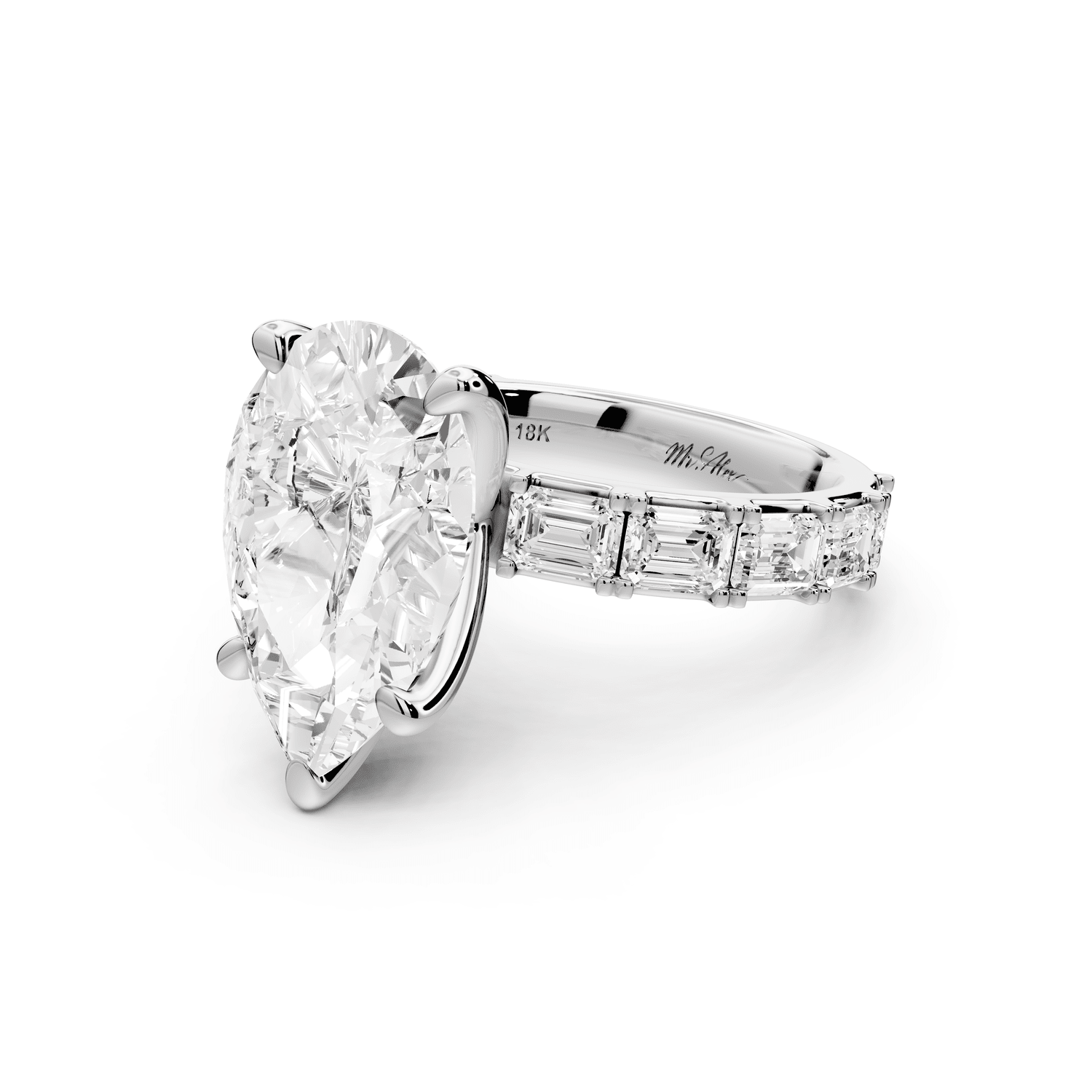 Nadia - 5ct platinum pear diamond with east - west emerald cut accent stones engagament ring - Mr. Alex Jewelry