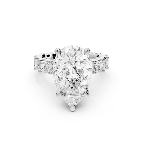 Nadia - 5ct platinum pear diamond with east - west emerald cut accent stones engagament ring - Mr. Alex Jewelry