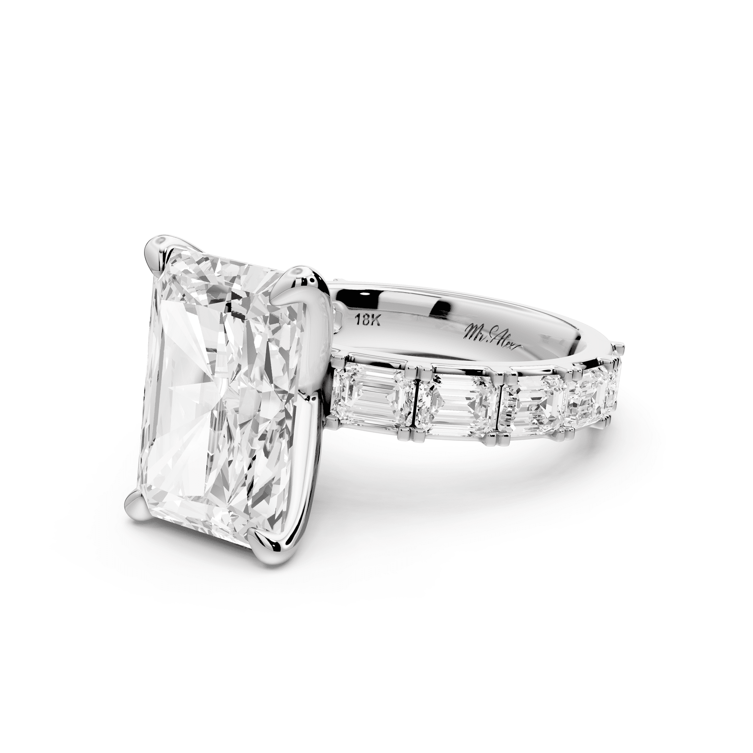 Nadia - 5ct platinum radiant diamond with east - west emerald cut accent stones engagement ring - Mr. Alex Jewelry