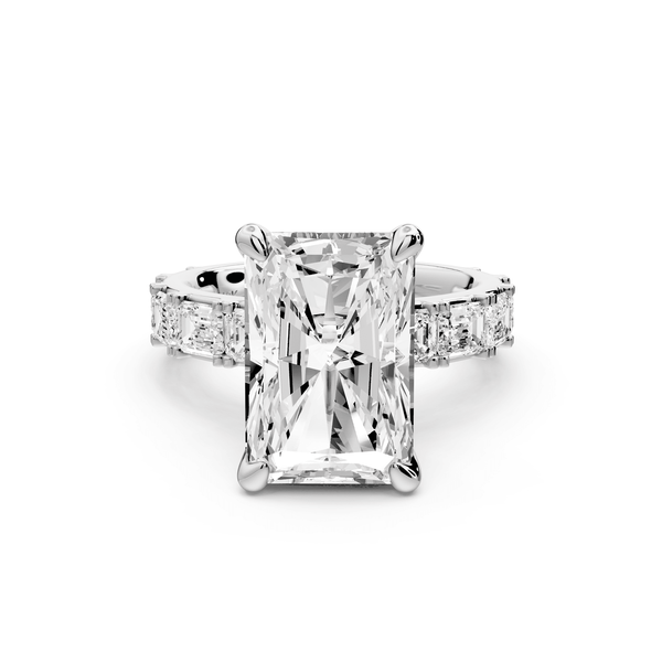 Nadia - 5ct platinum radiant diamond with east - west emerald cut accent stones engagement ring - Mr. Alex Jewelry