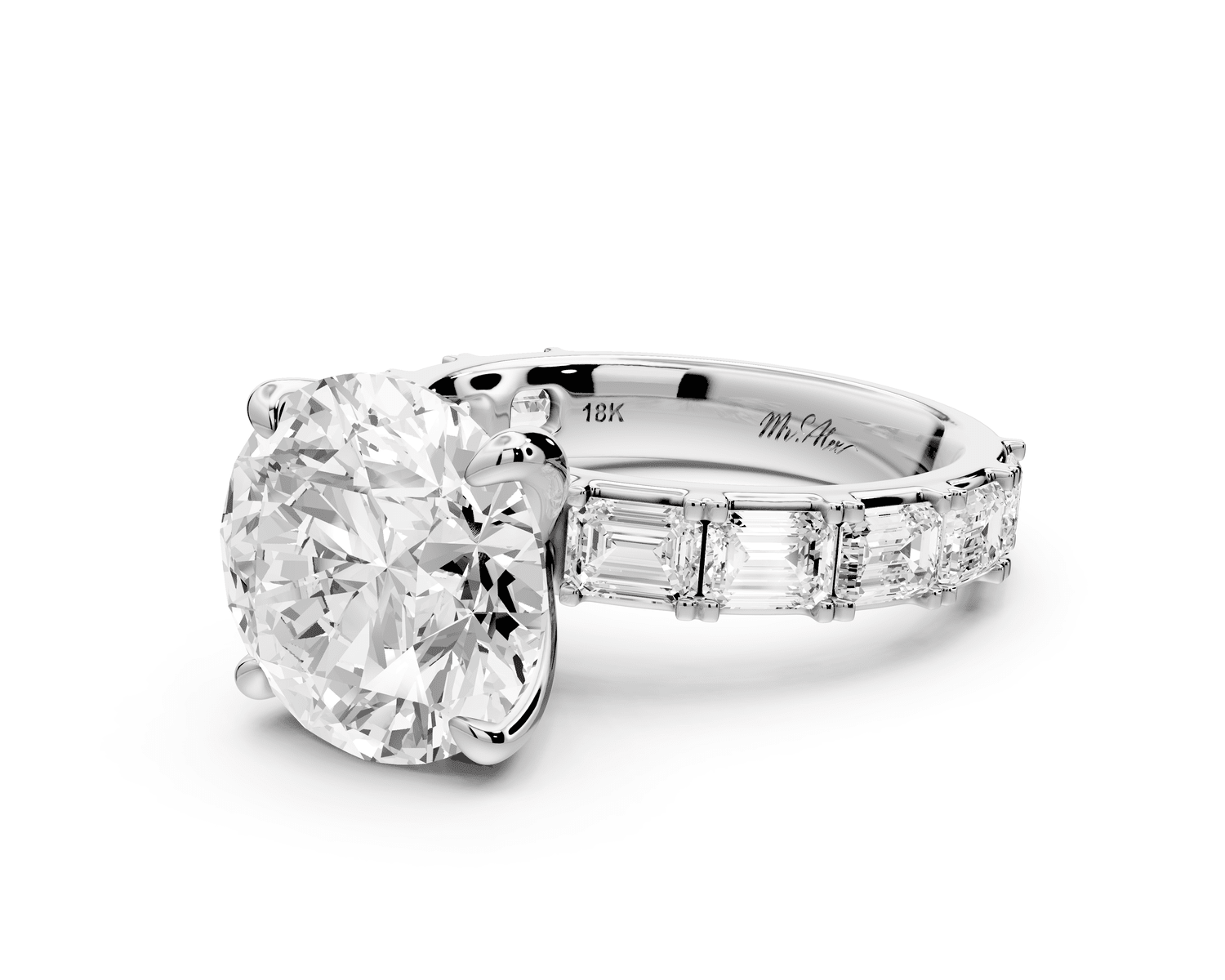 Nadia - 5ct platinum round diamond with east - west emerald cut accent stones engagement ring - Mr. Alex Jewelry