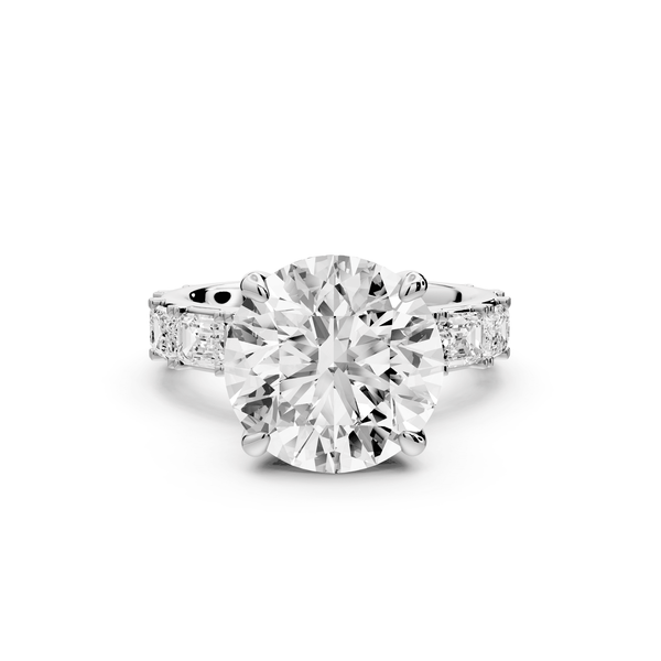 Nadia - 5ct platinum round diamond with east - west emerald cut accent stones engagement ring - Mr. Alex Jewelry