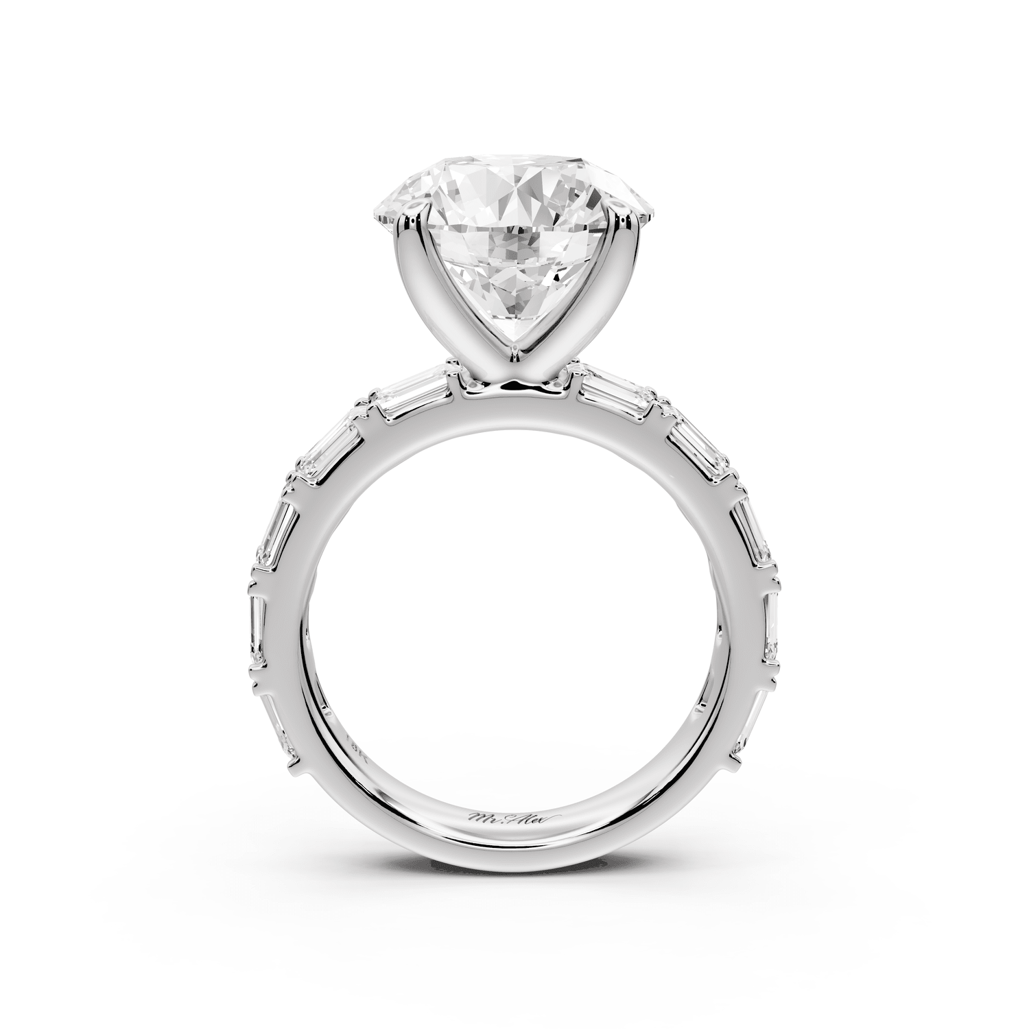 Nadia - 5ct platinum round diamond with east - west emerald cut accent stones engagement ring - Mr. Alex Jewelry